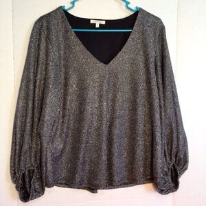 Maurice's Blouse‎ Ladies Medium Black Sequin Glitter Top V Neck Balloon Sleeve